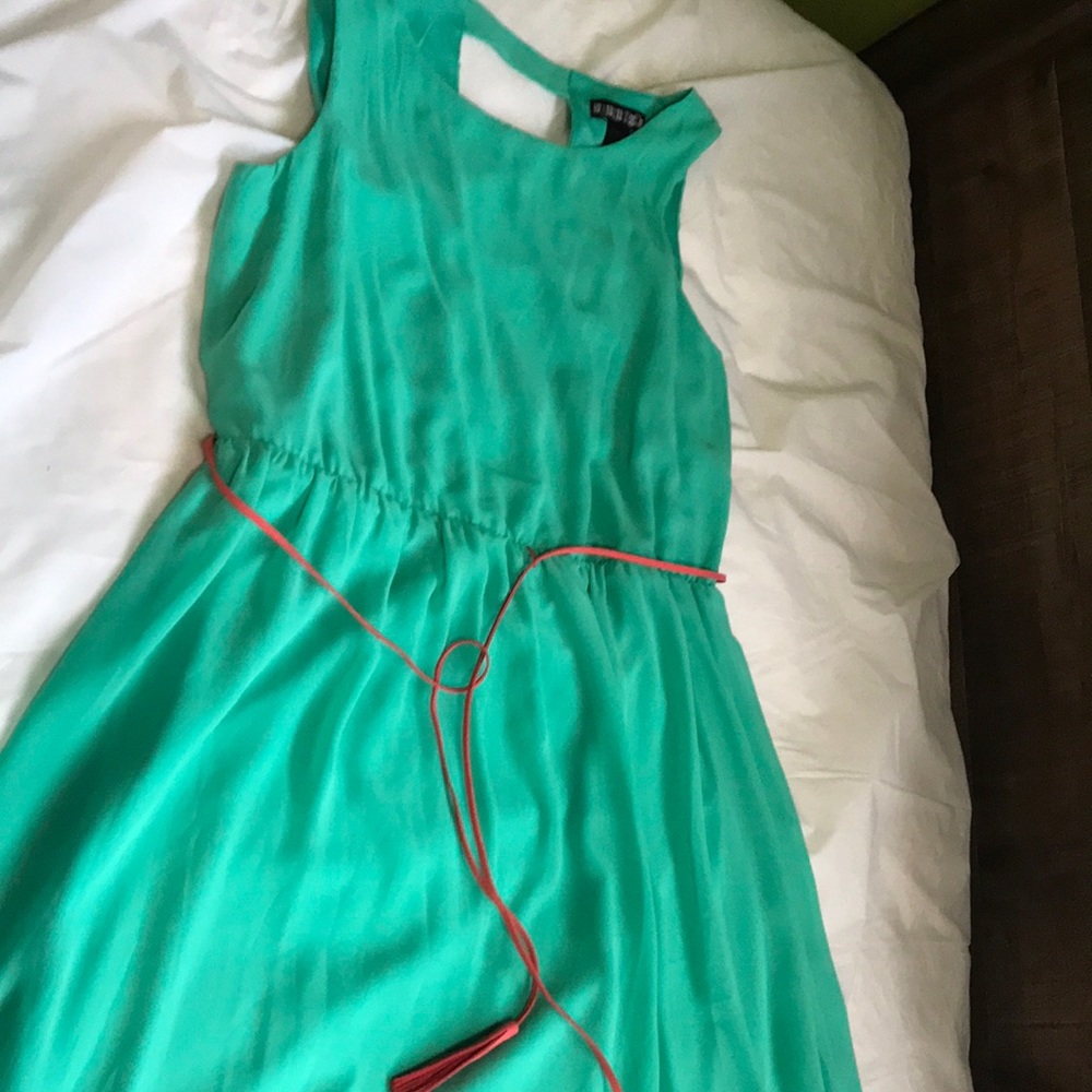Teal colored dress with belt